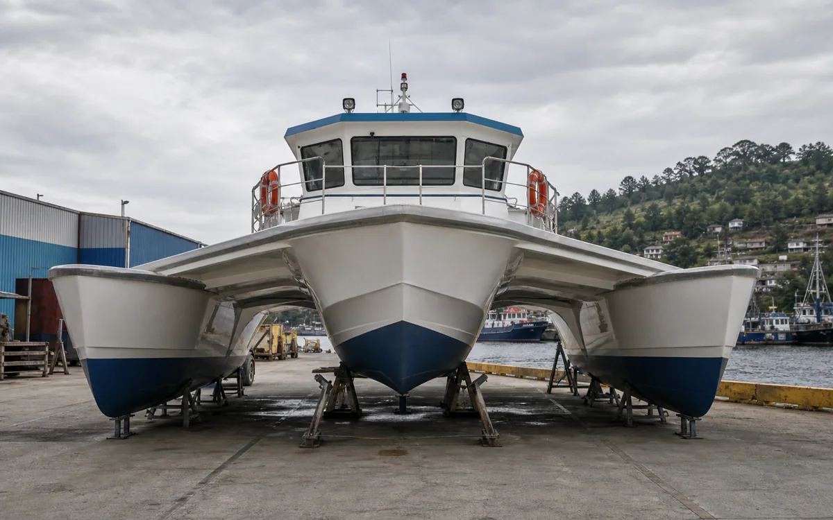 Trimarán de fibra de vidrio mostrando geometría estable para turismo y trabajo